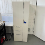 Tall White Storage Cabinet with Lock & Drawers – Office Filing and Utility Cabinet
