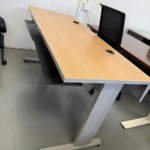 Light Woodgrain Training Table Desk with Keyboard Tray & Cable Ports – Silver T-Leg Base for Office or Classroom