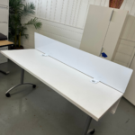 White Training Table with Privacy Divider – Mobile Office Desk with Curved Legs and Casters